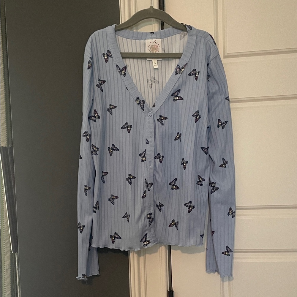 Self Esteem Light Blue Striped Butterfly Top
